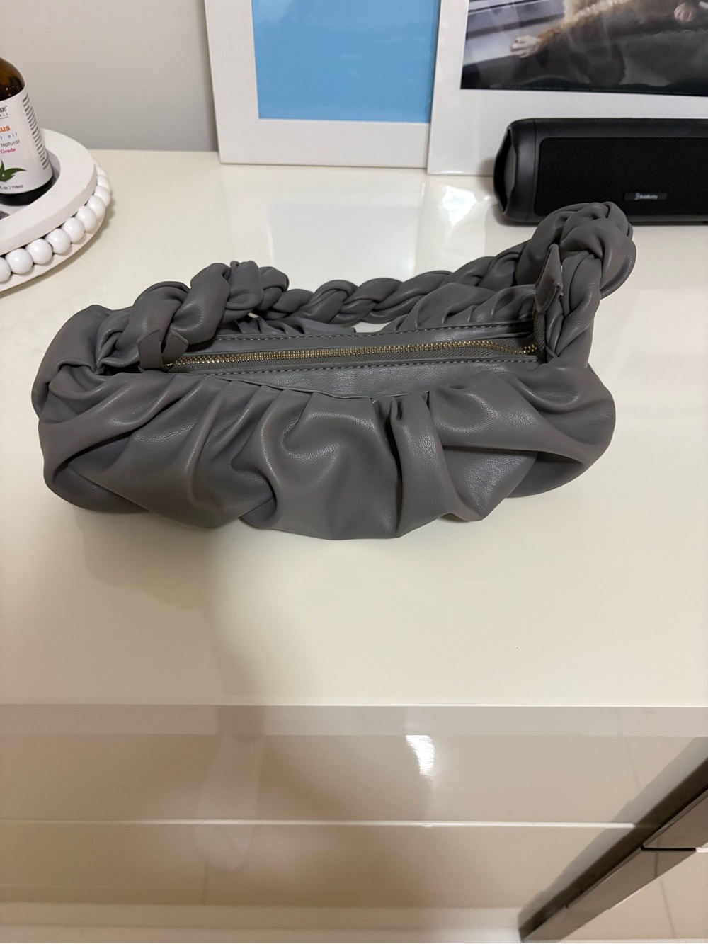 Expressions NYC Ruched Gray Leather Clutch with Braided Handle